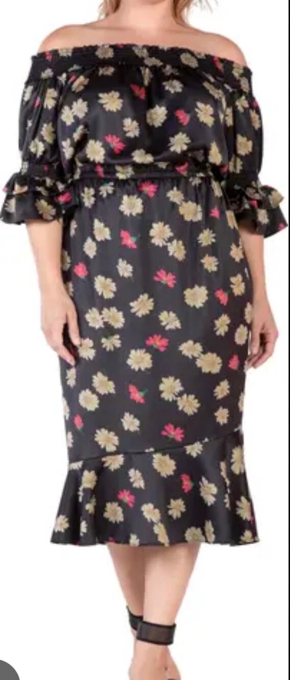 Standards & Practices Black Sparkler Floral Off The Shoulder Midi Dress 18W NWT
